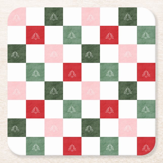 Title  Evergreen Tree Checkered Pattern | Rustic C Square Paper Coaster (Front)