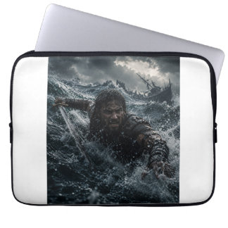 Title: Fearless Warrior Battling Ocean Waves Laptop Sleeve
