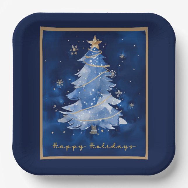 Title: Happy Holidays Elegant Navy Gold Christmas  Paper Plates (Front)