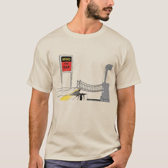Title: Mind the Gap – Surreal London Train Art T-Shirt (Front)