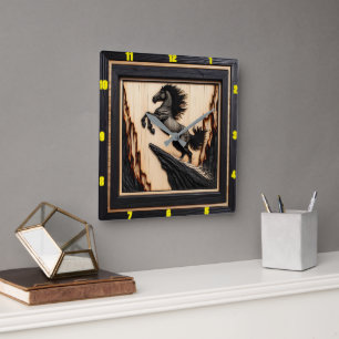 Title: Mountain Spirit: Personalized Charred Wood Square Wall Clock