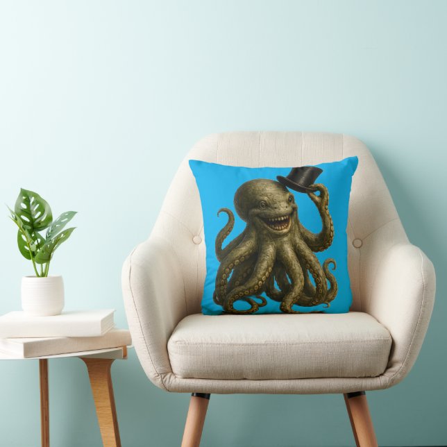 Title octopus in top hat, whimsical nautical art throw pillow (Chair)