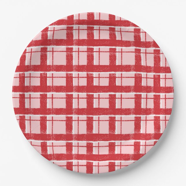 Title  Pink & Red Textured Plaid Pattern | Classic Paper Plates (Front)