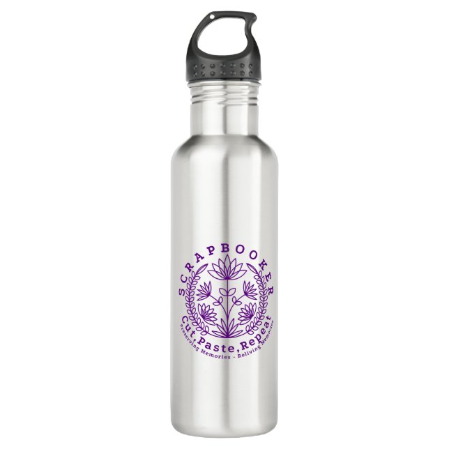 Title:  “Scrapbookers - Cut, Paste and Repeat” Stainless Steel Water Bottle (Front)