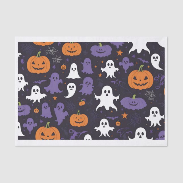 Title: Spooky Ghosts, Pumpkins, & Skulls Halloween Tissue Paper (Front)