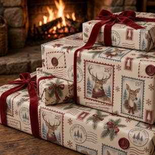 Title: Vintage Christmas Postage Stamp North Pole Wrapping Paper
