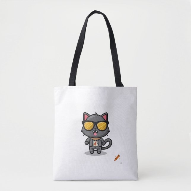 Title: "Wild Thing Black Cat with Sunglasses Carto Tote Bag (Front)
