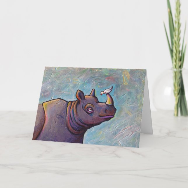 Titled:  Gossip - Rhinoceros rhino bird art Card (Front)