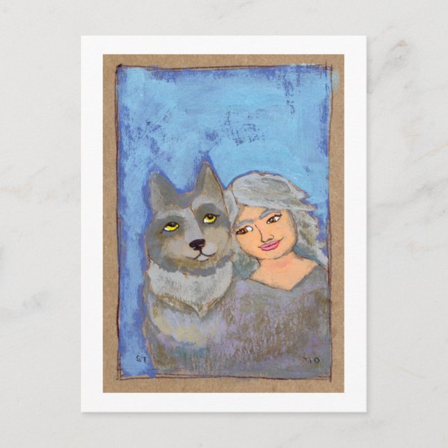 Titled: Wolf Woman - fun modern folk art painting Postcard (Front)