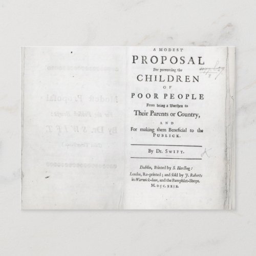 Titlepage to A Modest Proposal Postcard