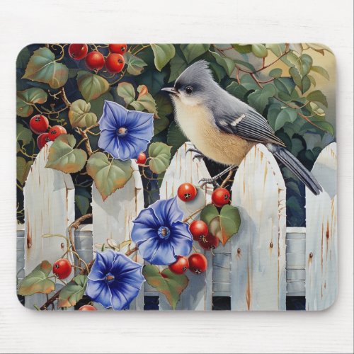  Titmouse on a White Picket Fence Morning Glories  Mouse Pad