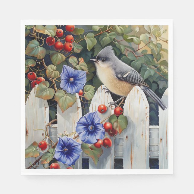  Titmouse on a White Picket Fence Morning Glories  Napkins (Front)