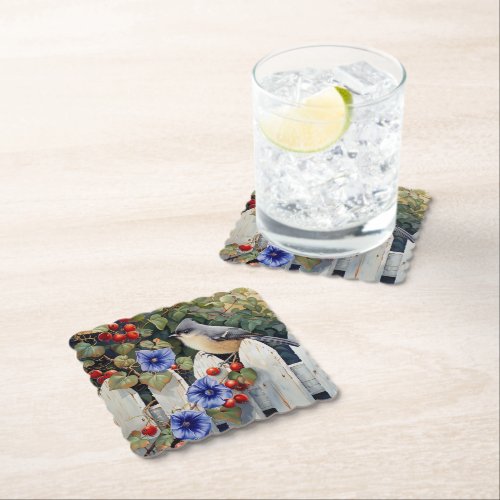  Titmouse on a White Picket Fence Morning Glories  Paper Coaster