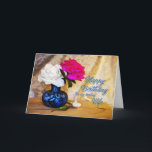 To a wife, Happy Birthday with painted roses Card<br><div class="desc">Roses in a vase say Happy Birthday in a romantic way. Original artwork showing two roses in a blue vase with rosebuds lying on the table.</div>