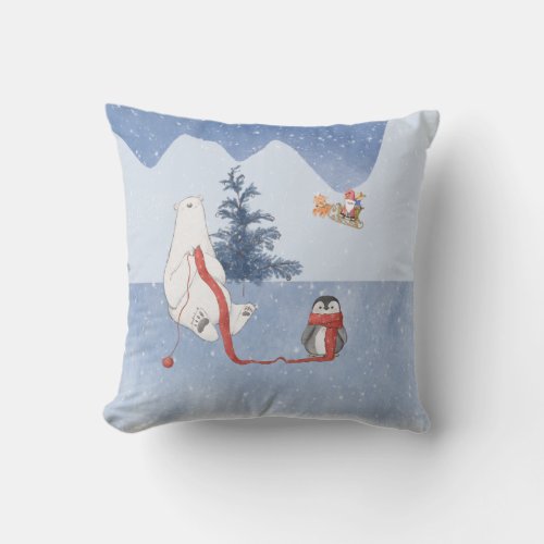 To All a Good Night Santa Polar Bear Penguin  Throw Pillow