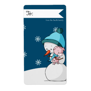 To and From Snowman and Pig Personalized Christmas Label