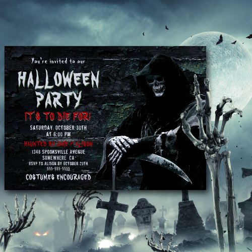 To Die For Spooky Grim Reaper Halloween Party Invitation