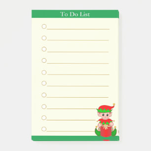 To Do List and cute Christmas elf on green & white Post-it Notes