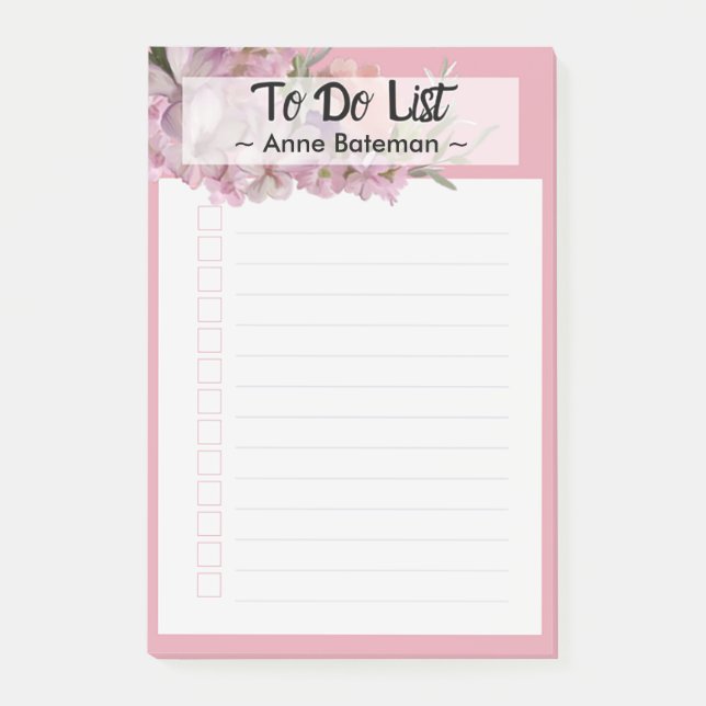 To Do List Lined with Name Design Pink Flowers Post-it Notes (Front)