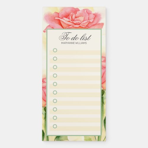 To Do List Name Pink Rose Floral Watercolor Stripe Magnetic Notepad