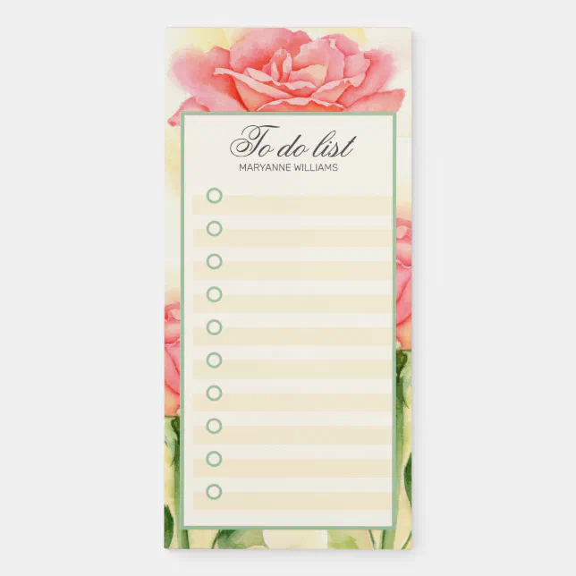 To Do List Name Pink Rose Floral Watercolor Stripe Magnetic Notepad ...