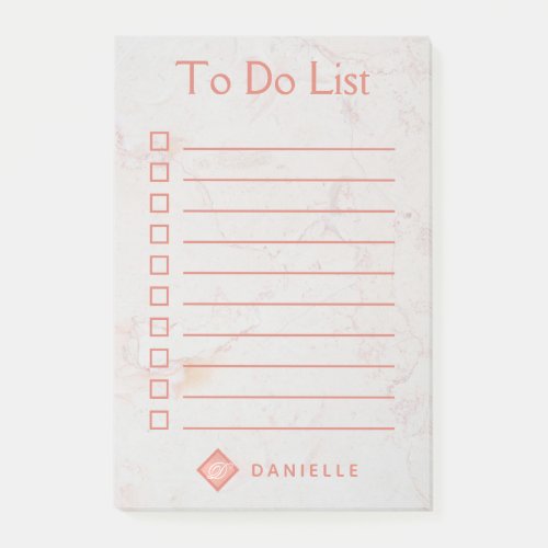 To Do List Rose Gold Marble Girly Pink Monogram Post_it Notes