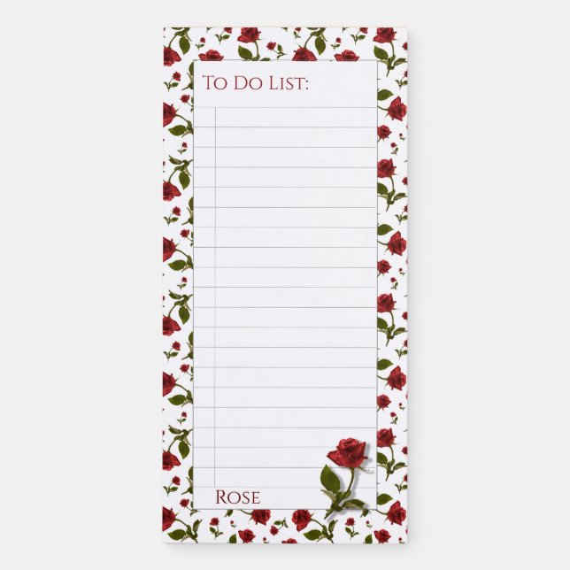 To Do List: vibrant Red Rose Floral Photography Magnetic Notepad (Front)