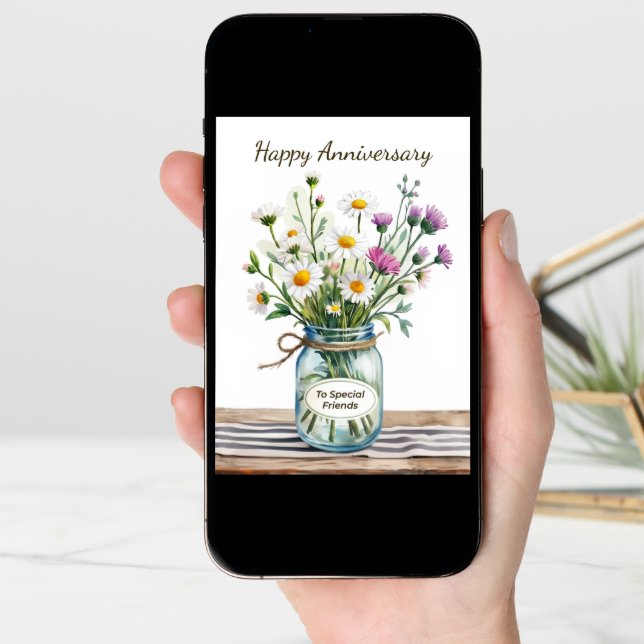 To Friends Anniversary Wildflowers in Mason Jar Card (Front Digital)