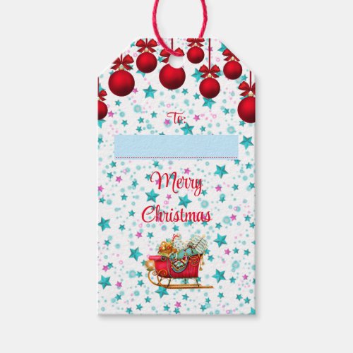 To From Merry Christmas Santa Sleigh and Stars Gift Tags