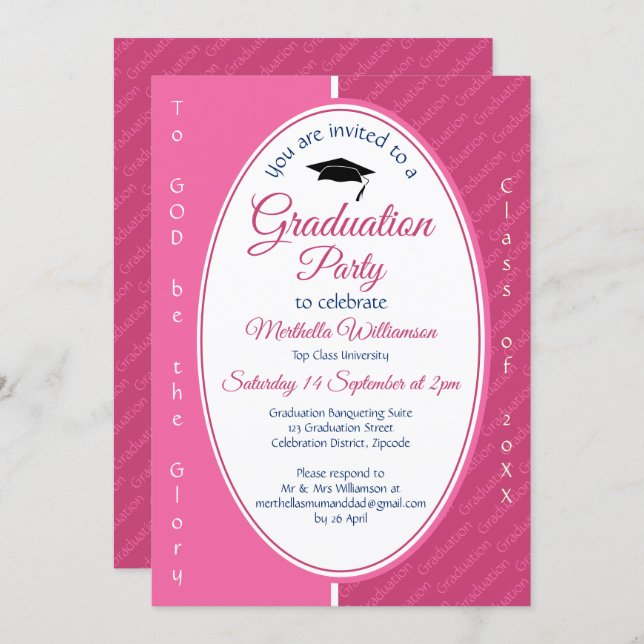 TO GOD BE THE GLORY Custom Pink Graduation Invitation (Front/Back)