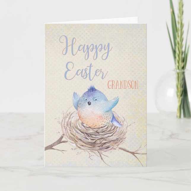 To Grandson Happy Easter Blue Bird in Nest Holiday Card (Front)