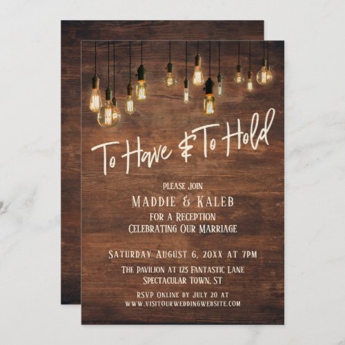 To Have and To Hold Brown Wood Edison Lights Invitation