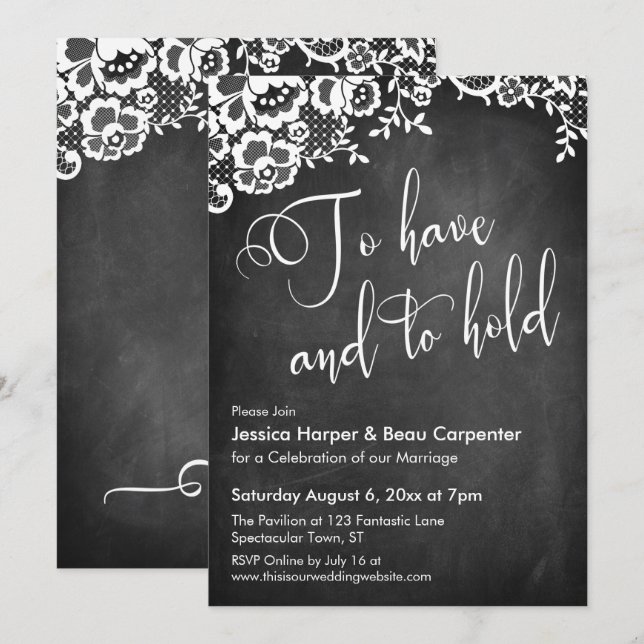 To Have and to Hold Calligraphy Chalkboard & Lace Invitation (Front/Back)