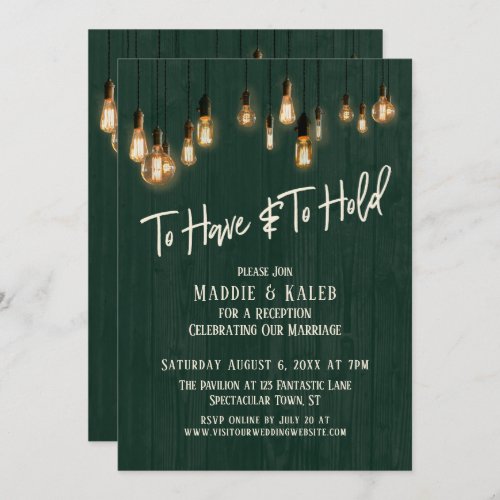 To Have and To Hold Dark Green Wood Edison Lights Invitation