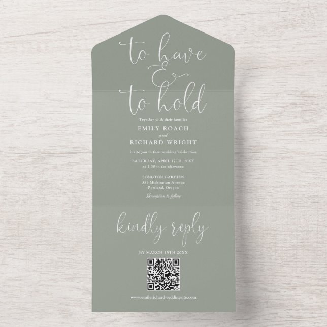 To Have And To Hold QR Code Sage Green Wedding All In One Invitation (Inside)