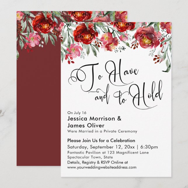 To Have and to Hold Typography Burgundy Red Floral Invitation (Front/Back)