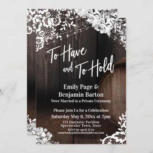 To Have and To Hold Wood Barrel Floral Lace Lights Invitation