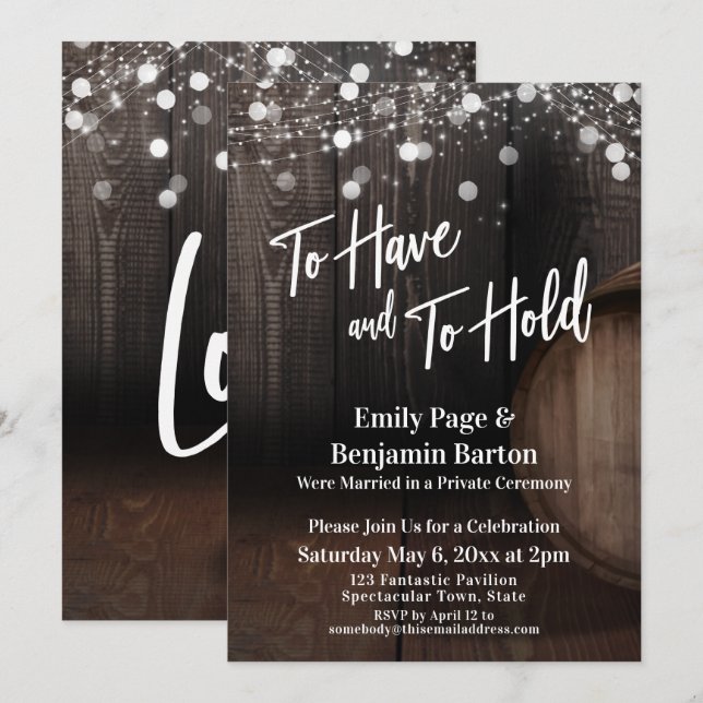 To Have and To Hold Wood Wine Barrel and Lights Invitation (Front/Back)