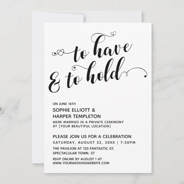 To Have & To Hold Script, Hearts Reception-Only Invitation (Front)