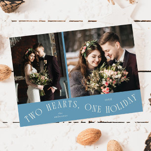 To Hearts One Holiday Newlywed Photo Denim Blue Card