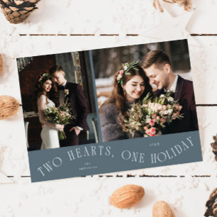 To Hearts One Holiday Newlywed Photo Slate Blue Card