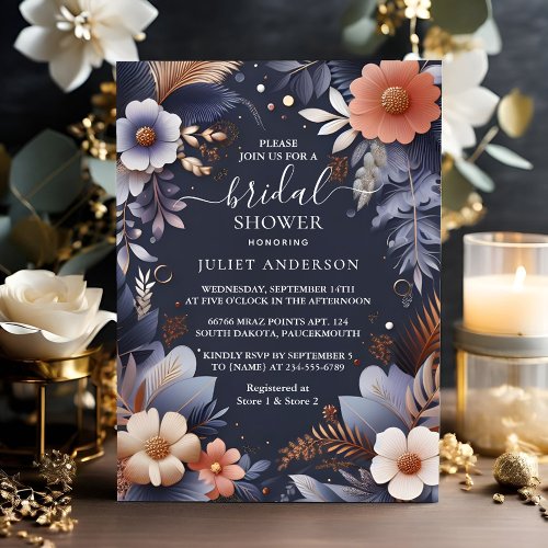 To Hydrangea Metallic Pure Navy Blue Bridal Shower Invitation