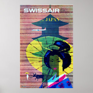 To JAPAN Art Deco Old Swiss Airlines Advertising Poster