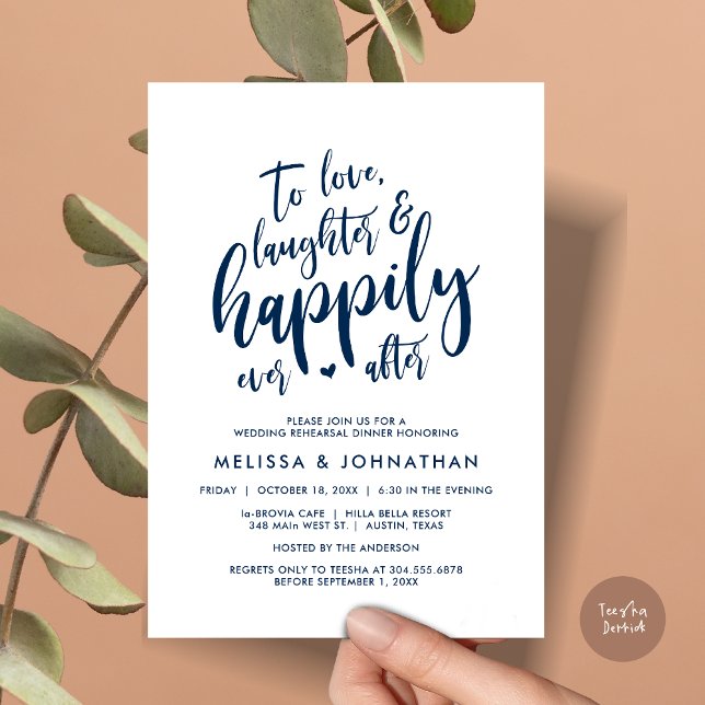 To Love Laughter and Happily Ever After Invitation (To Love Laughter and Happily Ever After, Wedding Rehearsal Dinner Invitation Card, PDF, Navy Blue)