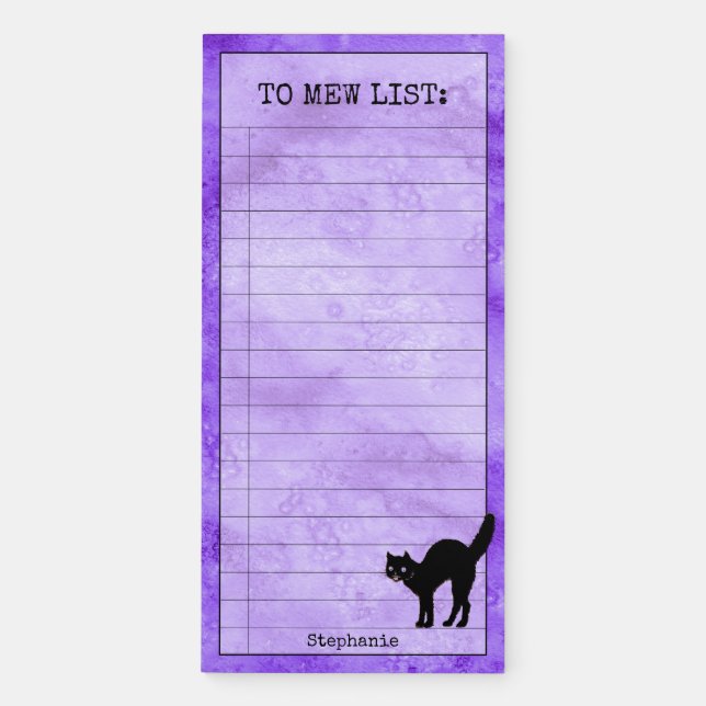 To MEW List:  Black Cat Silhouette Purple BG Magnetic Notepad (Front)