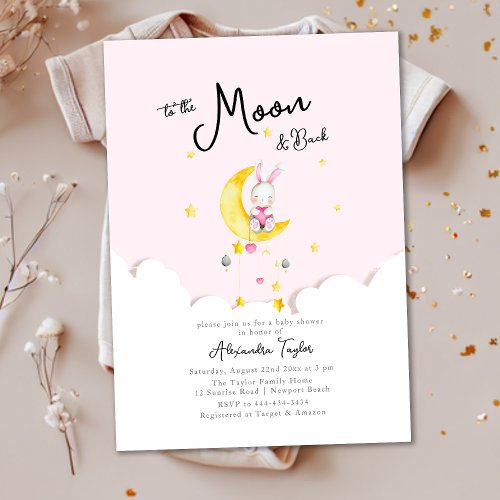 To Moon Back Rabbit Pink Heart Girl Baby Shower Invitation