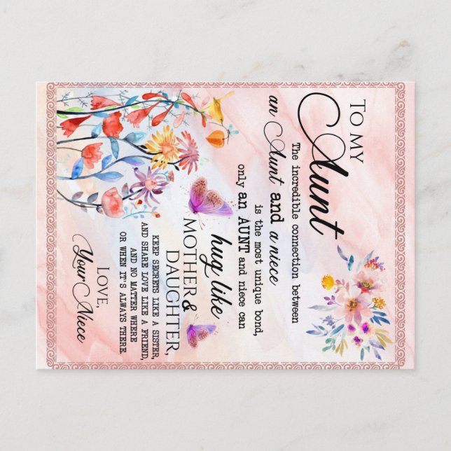 To My Aunt Gift, Butterfly Gift From Niece Announcement Postcard (Front)