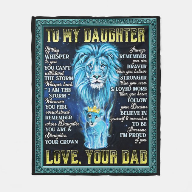 To My Daughter Lion Gift, Gift From Lion Dad Fleece Blanket (Front)