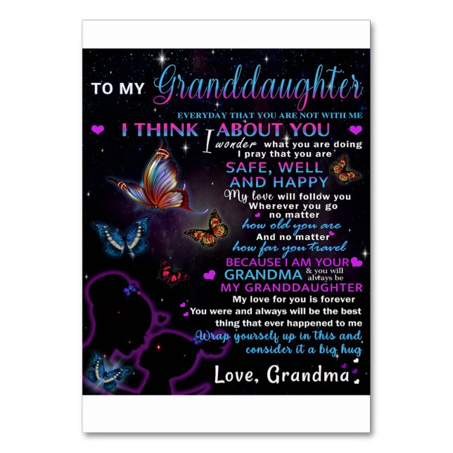 To My Granddaughter Butterflies Birthday Gift Idea Table Number (Front)