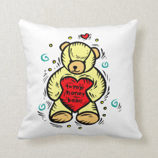 to my honey bear holding red love heart throw pillow